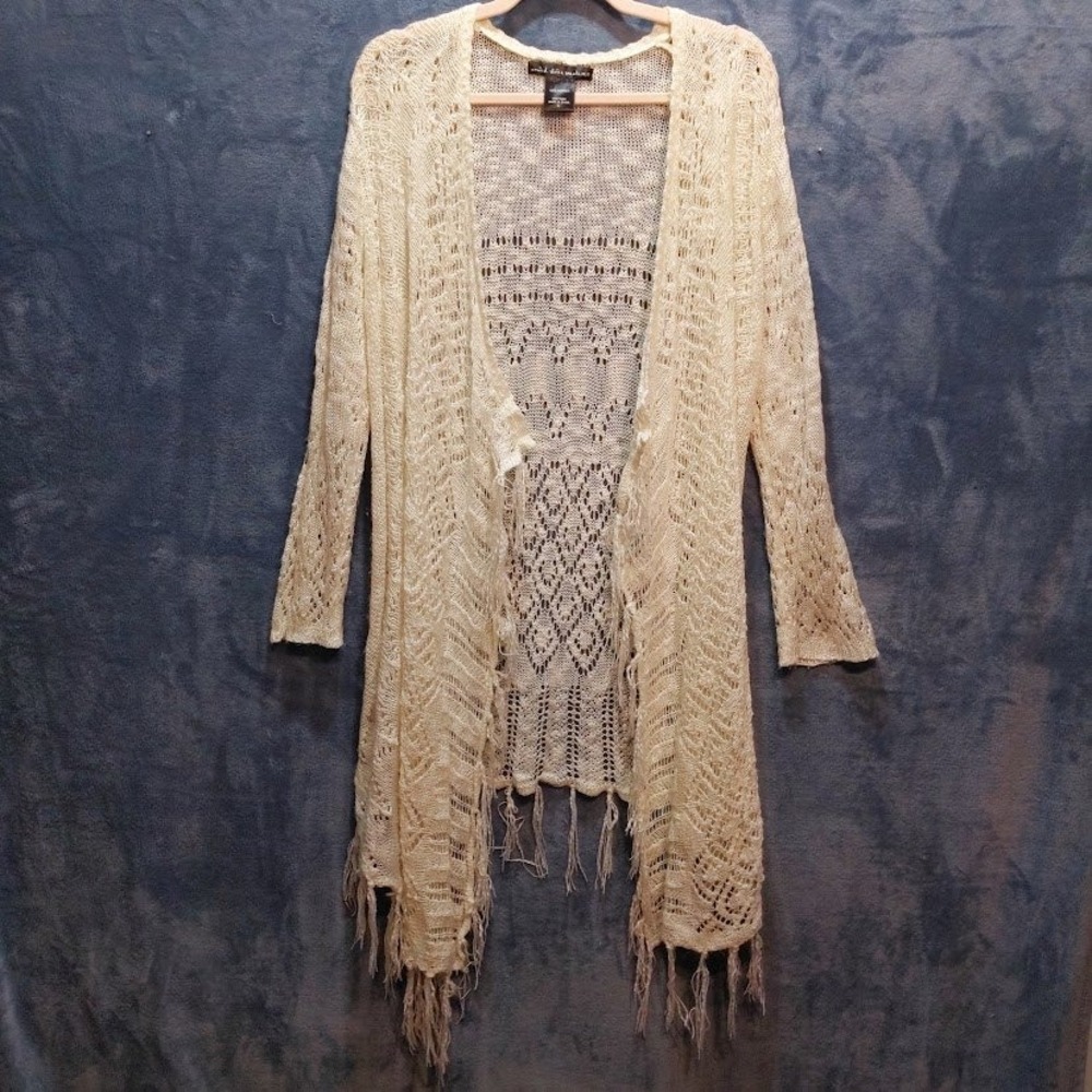 United States Sweaters Cream Crochet Fringe Handkerchief Hem Open Cardigan L